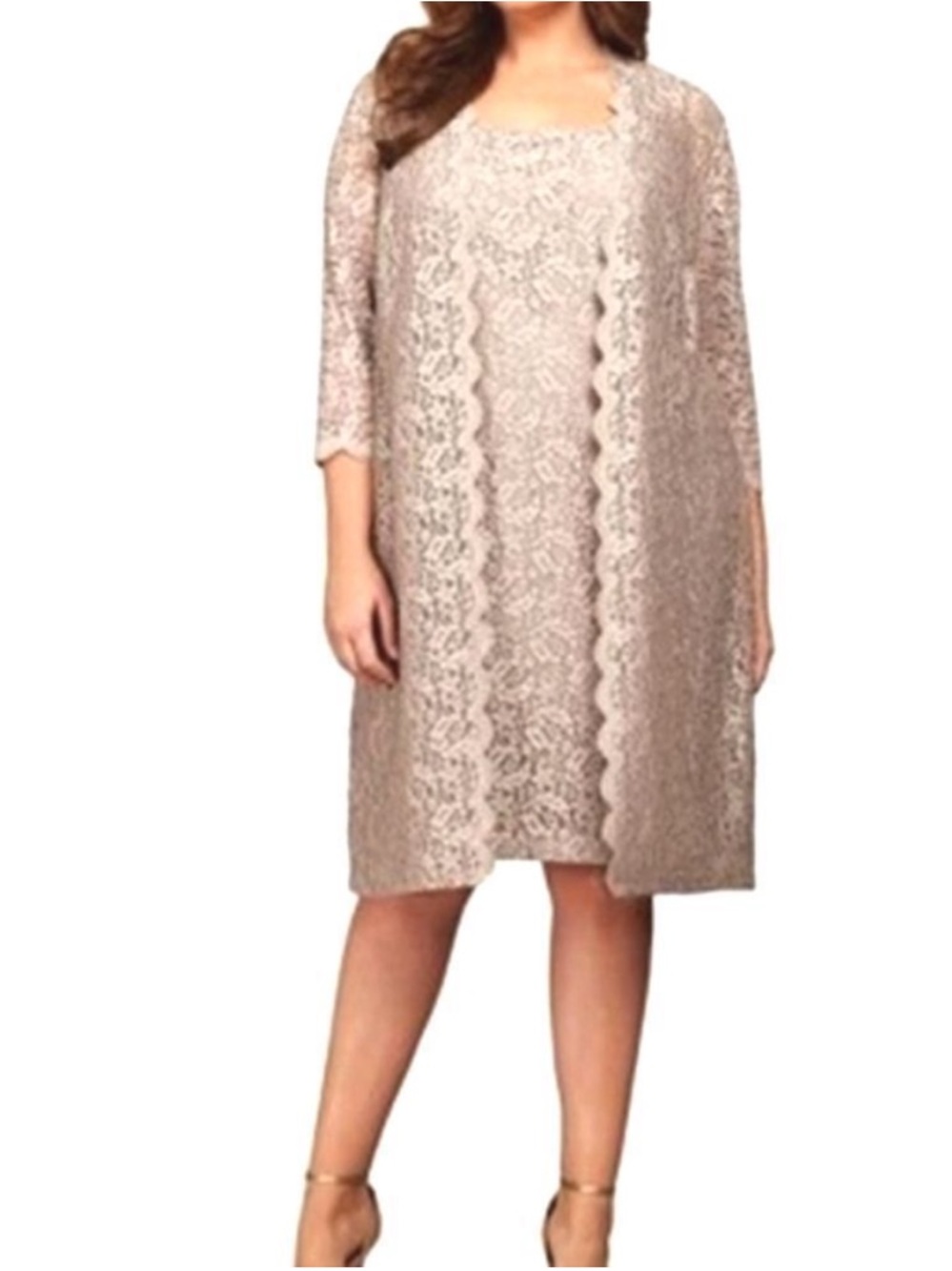 Alex Evenings Sparkle Taupe Lace Sleeveless Shift Dress + Matching Duster SZ 14